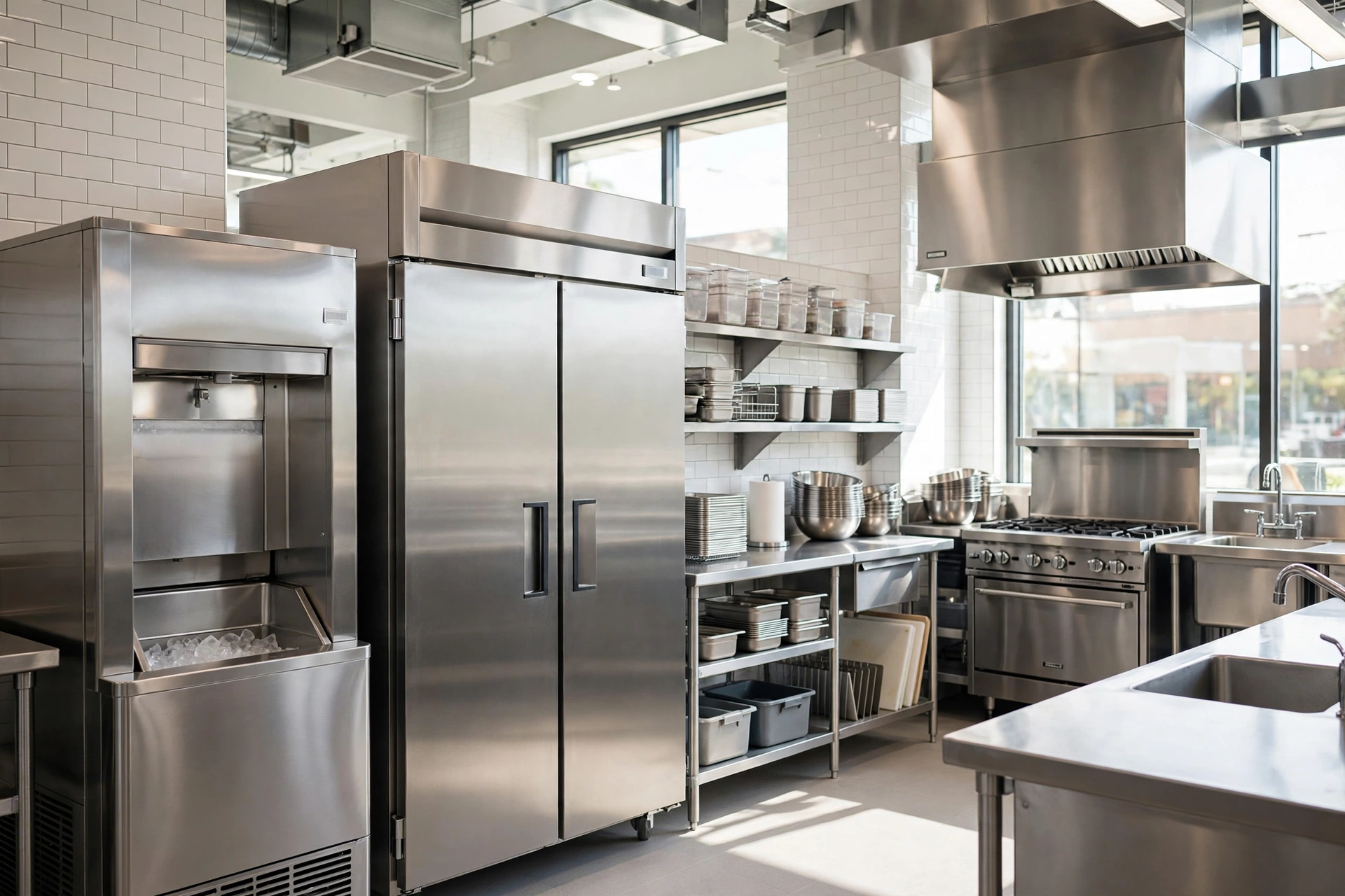 Bright commercial kitchen with ice machine
