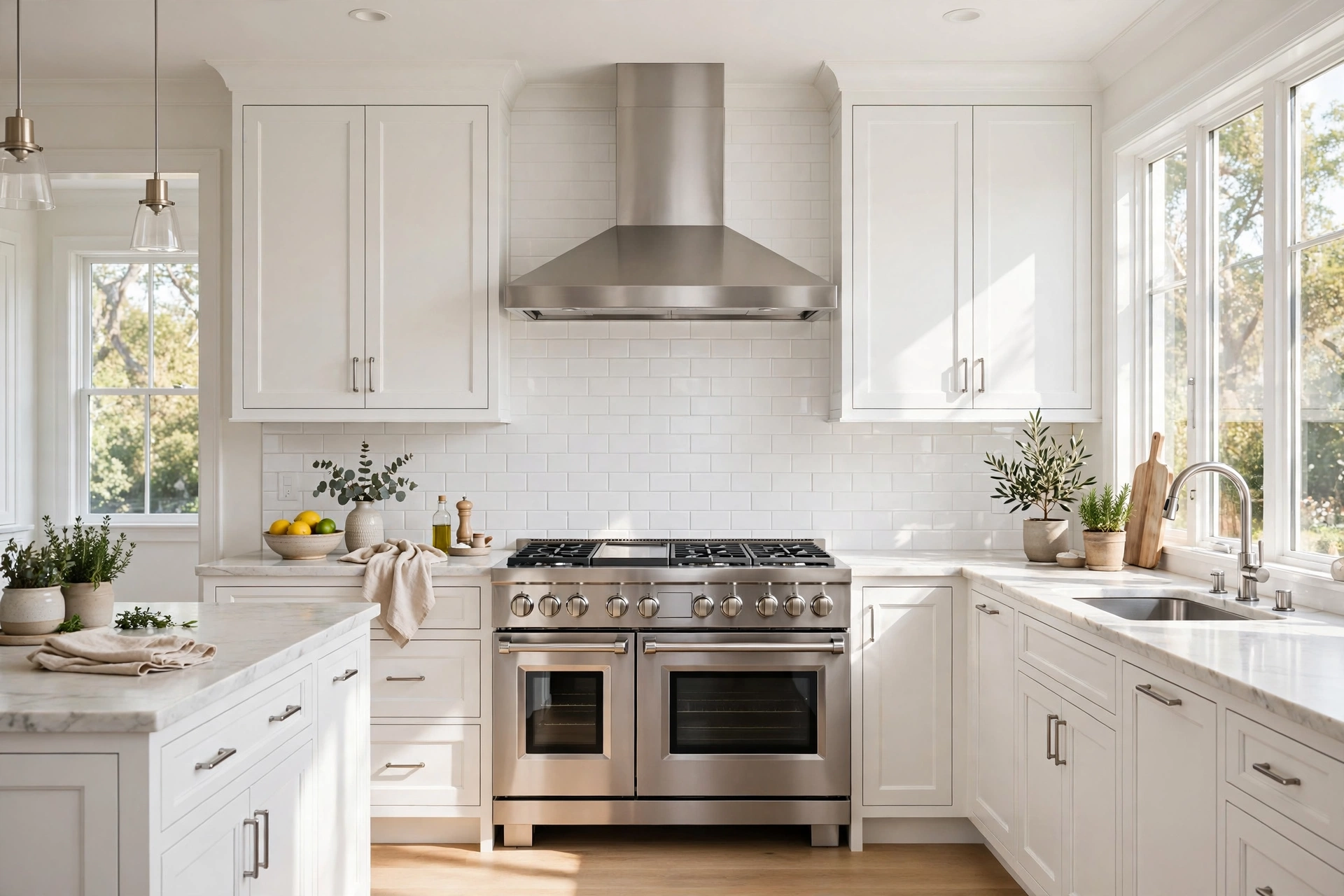 Bright kitchen with professional gas range