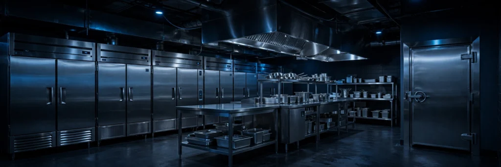 Commercial restaurant kitchen with stainless steel refrigeration equipment